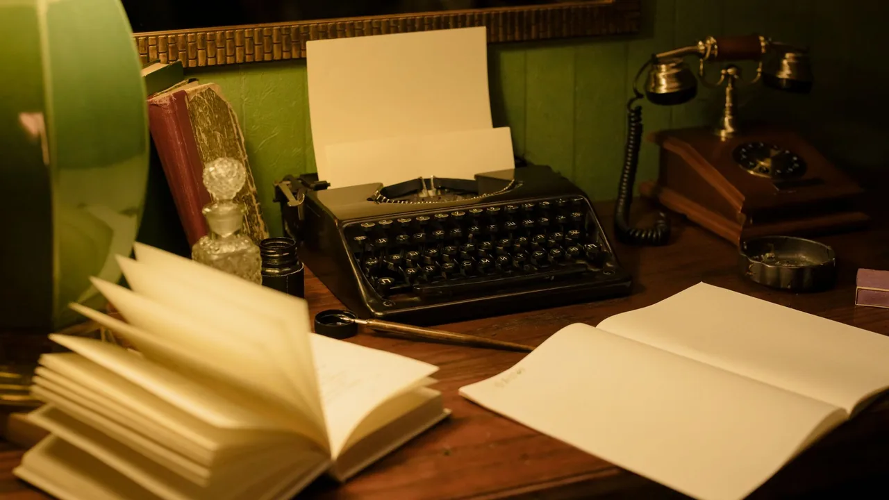 An open notebook and typewriter on a writing desk.